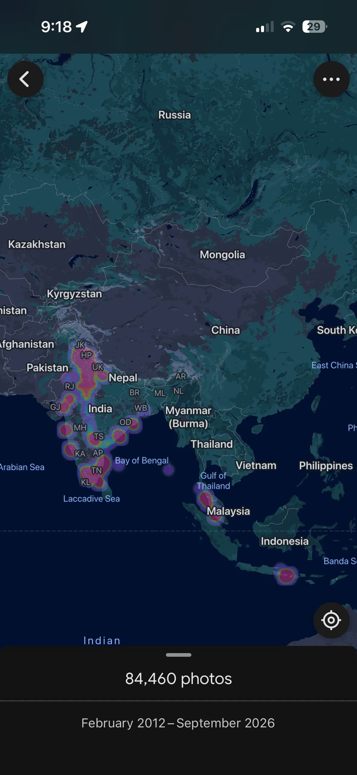 Google Photos travel map showing journeys across India and into Malaysia and Indonesia